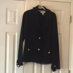 Bloomingdales Black Cardigan brass buttons and sleeve tabs, frayed collar, cuffs